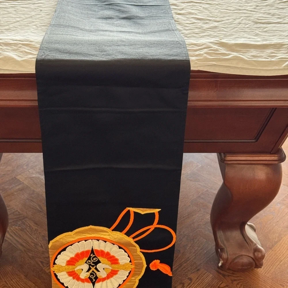 Vintage Japanese Obi Table Runner Black Gold Crane 13 Ft